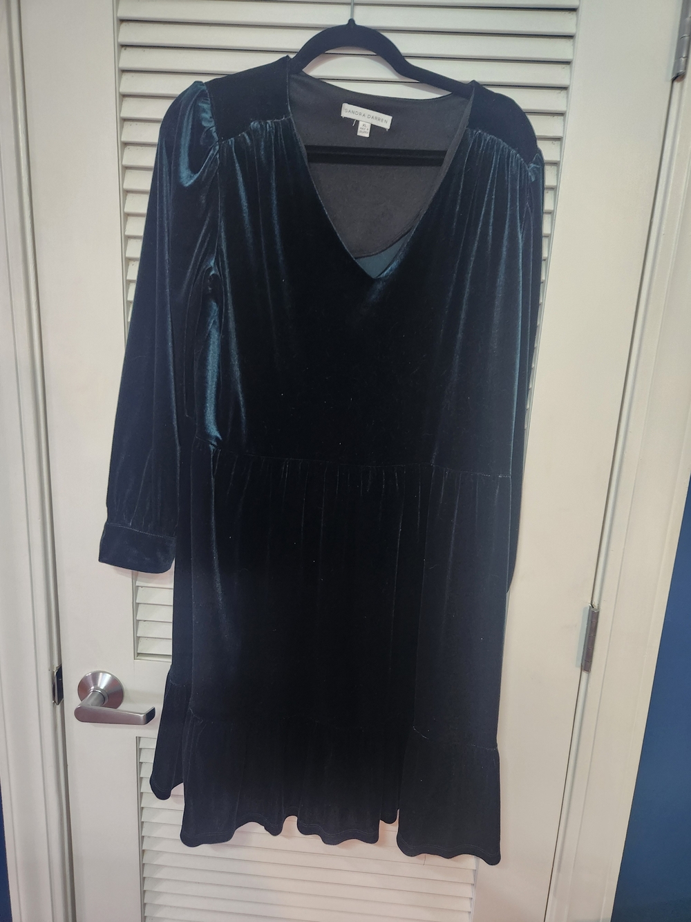 Sandra Darren Teal Velvet V-Neck Long Sleeve Dress